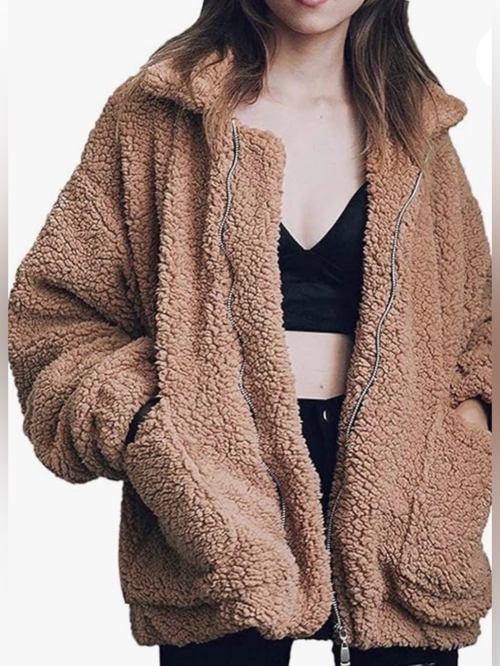 🆕 Comeon Women's Coat Casual Lapel Fleece Fuzzy Faux Shearling Zipper Coat L